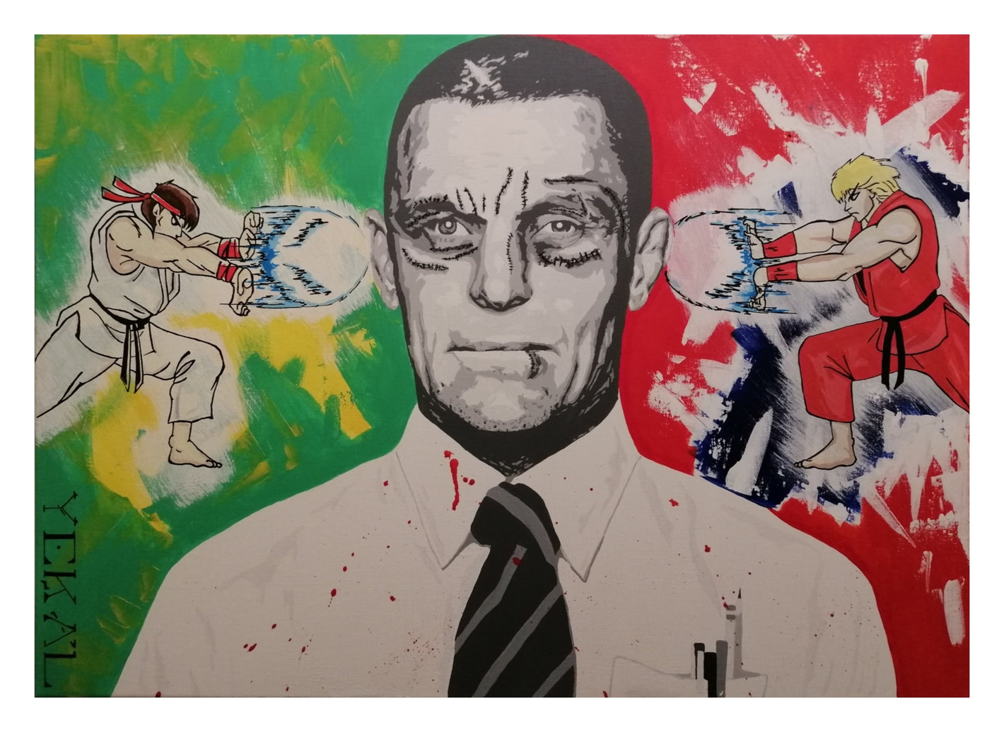 Acrylic portrait painting of Muay Thai fighter with cartoon street fighter game characters in the background.