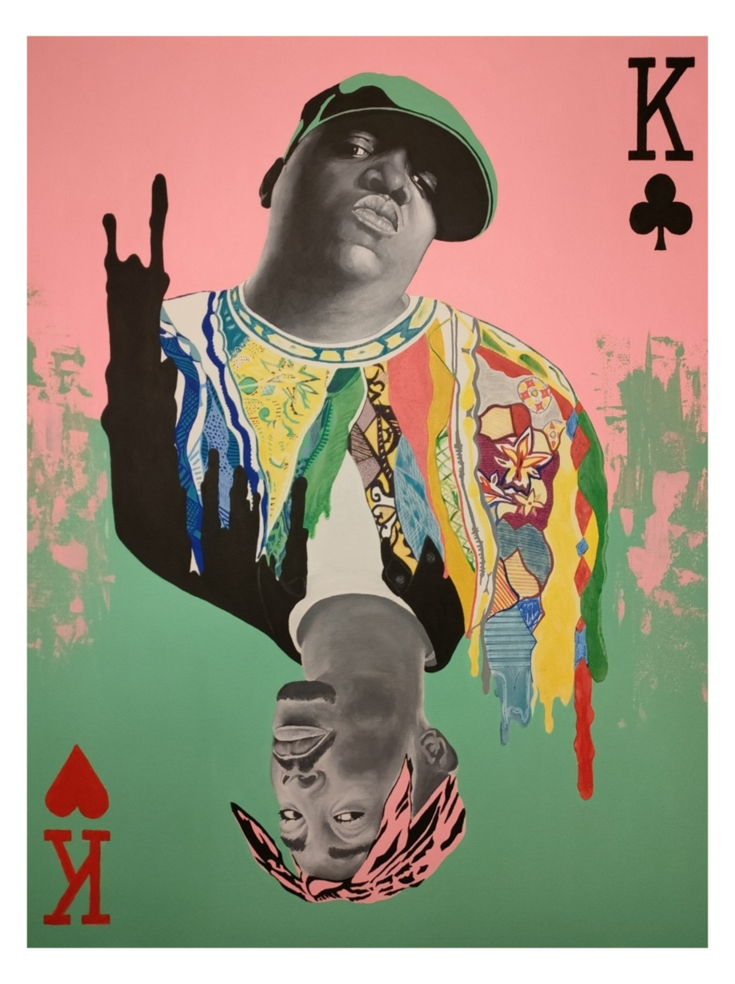 Hand painted portrait of Tupac Shakur and Biggie on King inspired playing card. Biggie's multicoloured jumper melts into Tupac's black shirt. Background is pink and green.