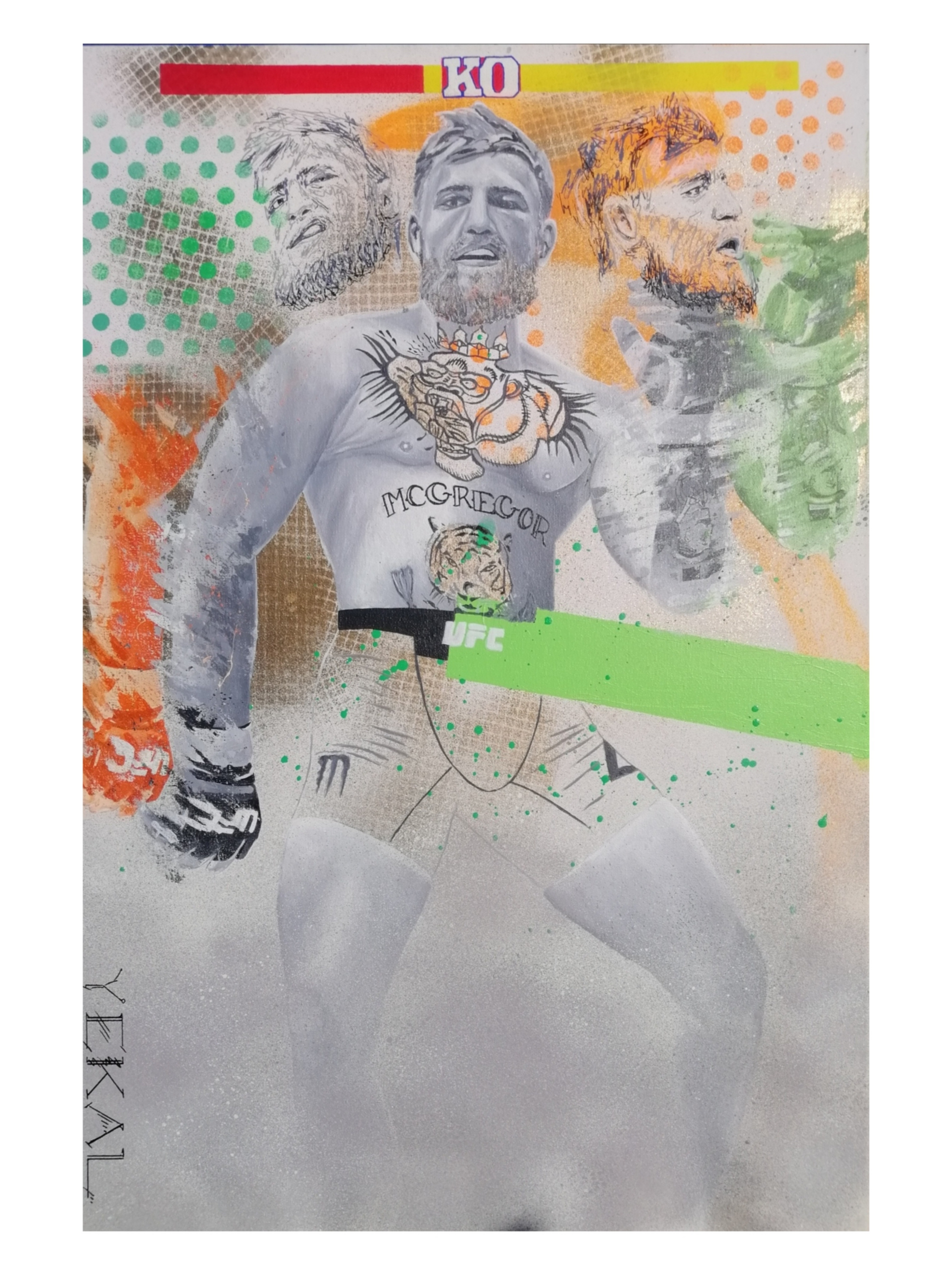 Hand painted portrait of Conor McGregor with abstract tricolour background with multiple McGregor faces and arms in background. Video game inspired 'KO' top and centre.